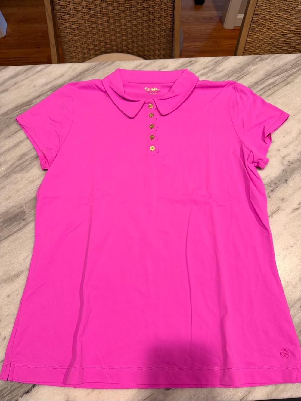 Lily Pulitzer Women's Pink Polo Top with Scalloped Placket and Gold Buttons